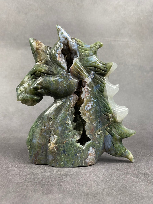 Moss Agate Unicorn Carving